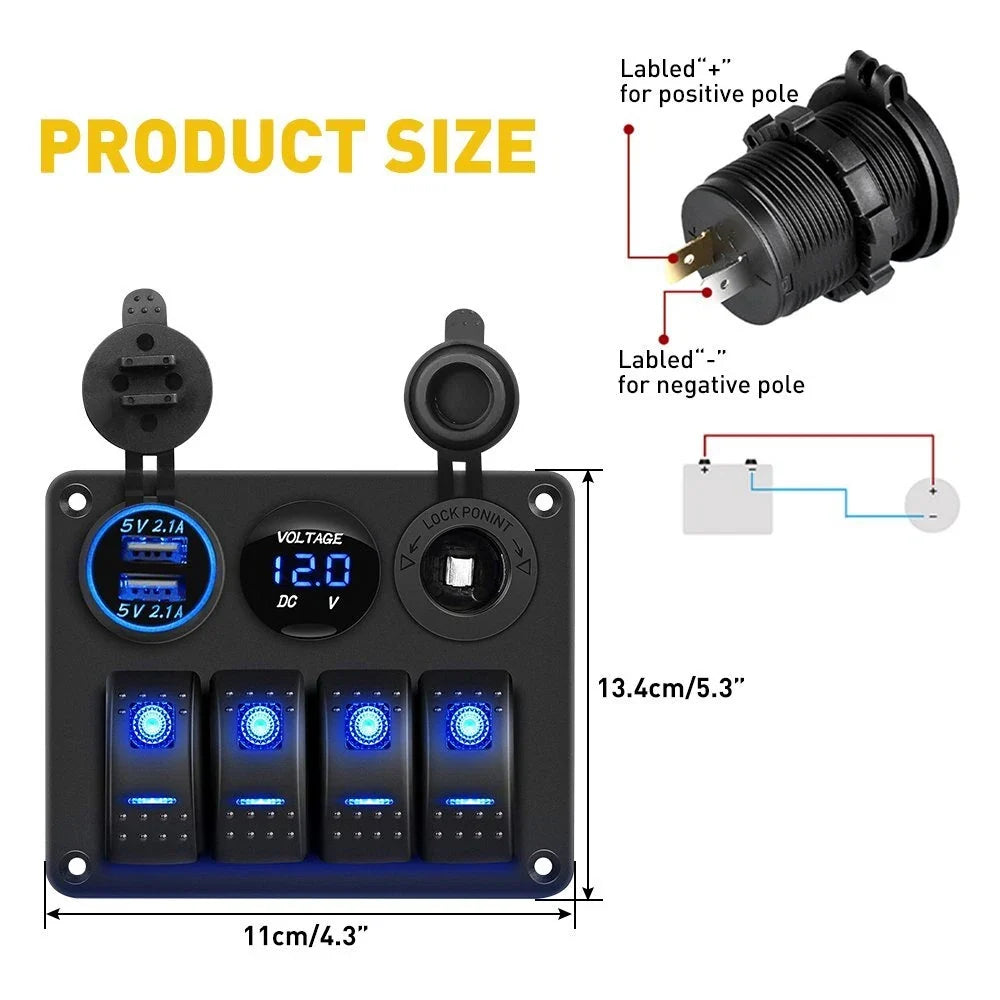 4 Gang LED Rocker Switch Panel for Car Truck Boat Marine (12V)