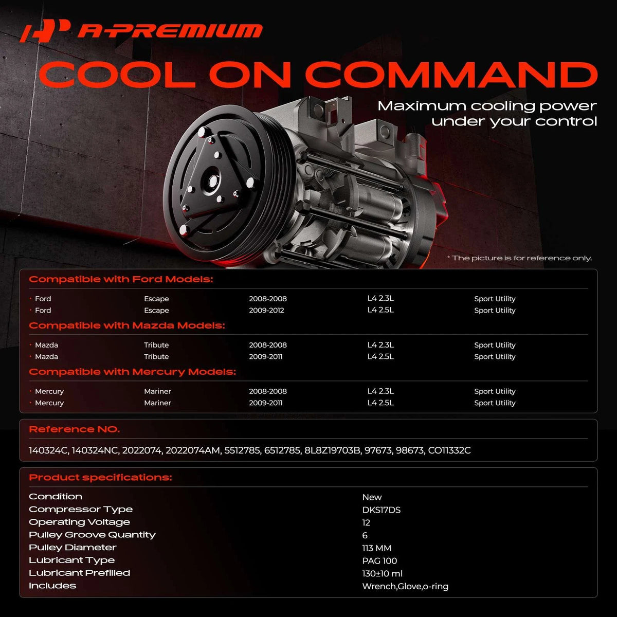 A-Premium A/C Compressor with Clutch for Ford Escape Mercury Mariner (2001–2012) 8L8Z19703B, ZZCB6145Z