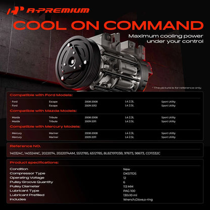 A-Premium A/C Compressor with Clutch for Ford Escape Mercury Mariner (2001–2012) 8L8Z19703B, ZZCB6145Z