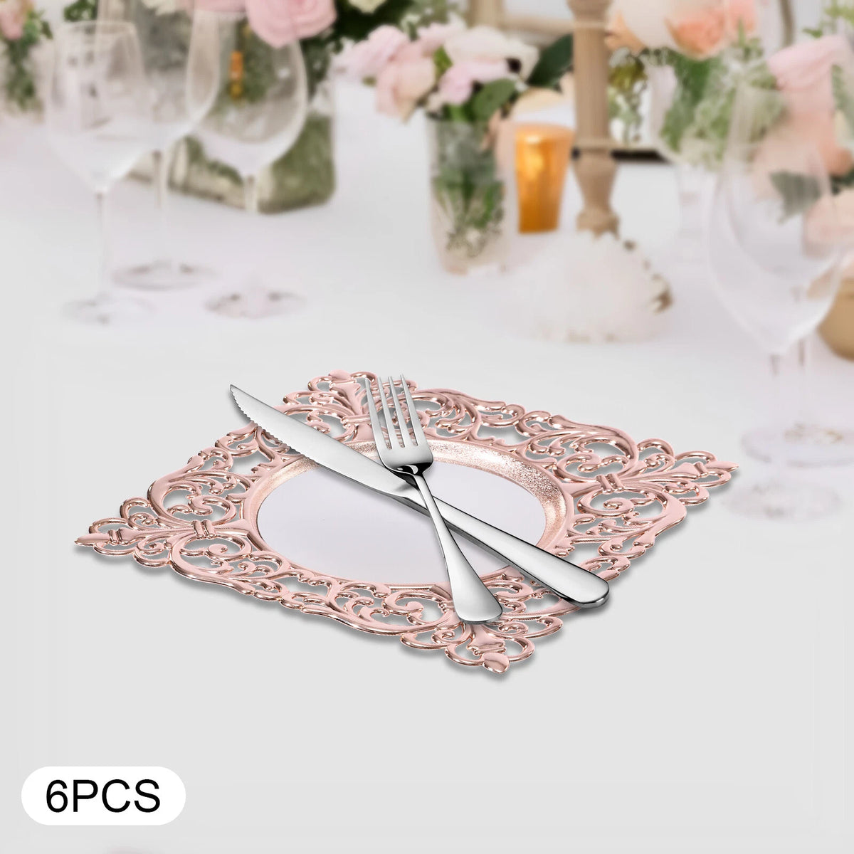 Set of 6 Square Plastic Charger Plates with Embossed Rims for Wedding