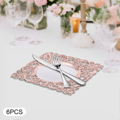 Set of 6 Square Plastic Charger Plates with Embossed Rims for Wedding