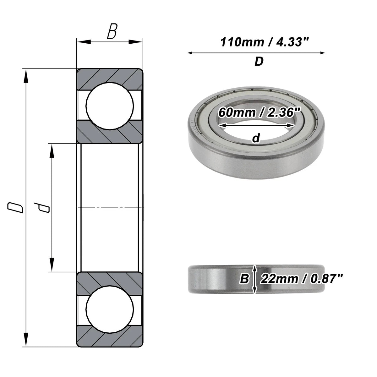 Deep Groove Ball Bearing 6212ZZ for Scooter Skateboard (60x110x22mm)