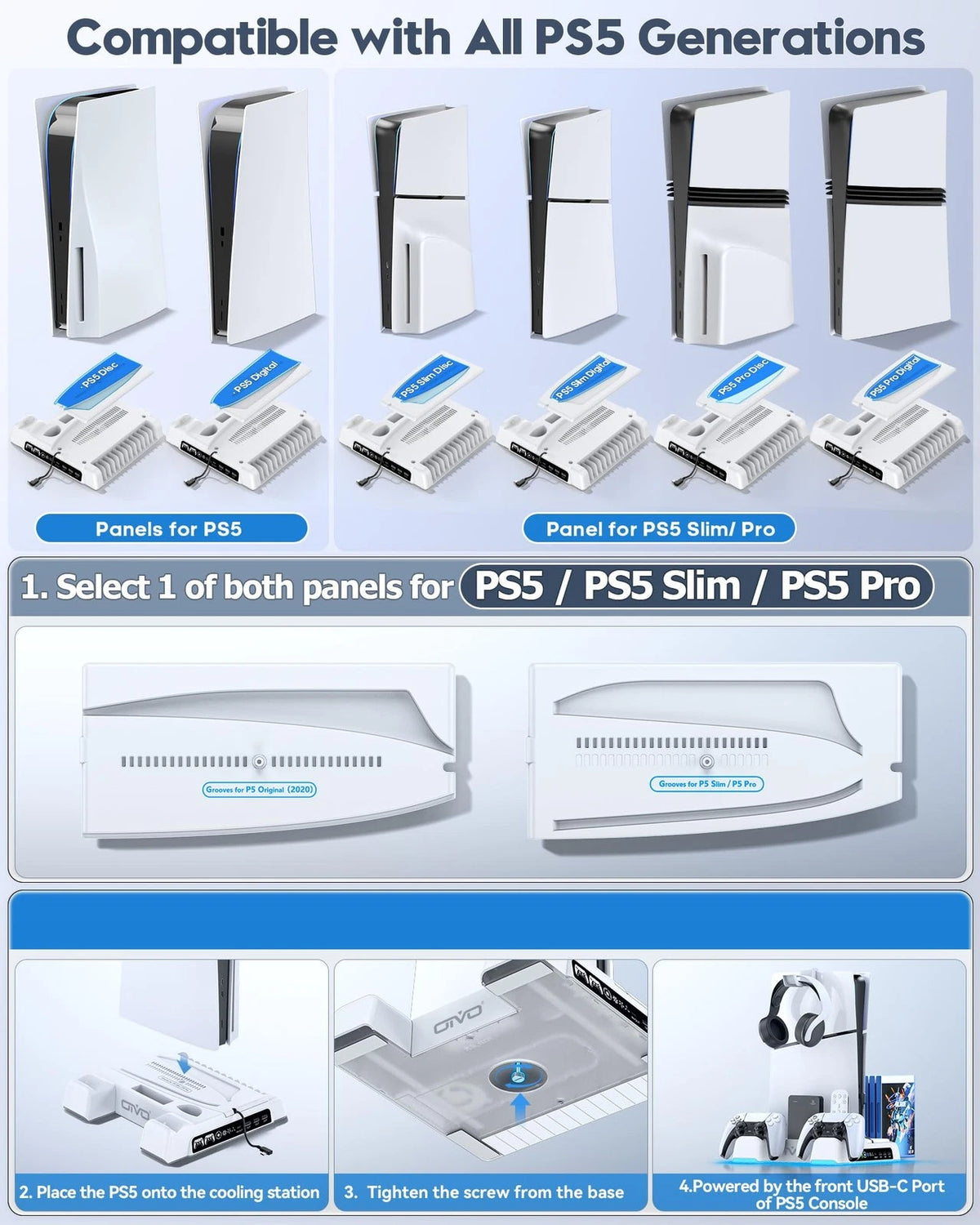 Cooling Stand for PS5/Slim/Pro with LED Controller Charging (2020–2023)