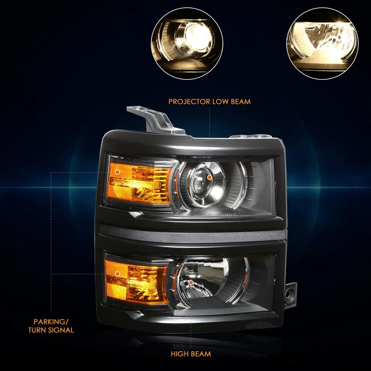 Projector Headlight for Chevy Silverado (2014–2015) Black Housing Amber Corner