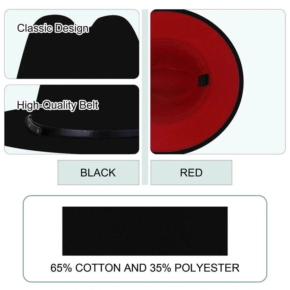 Wide Brim Fedora Hat for Dress (Large-X-Large) - Black & Red