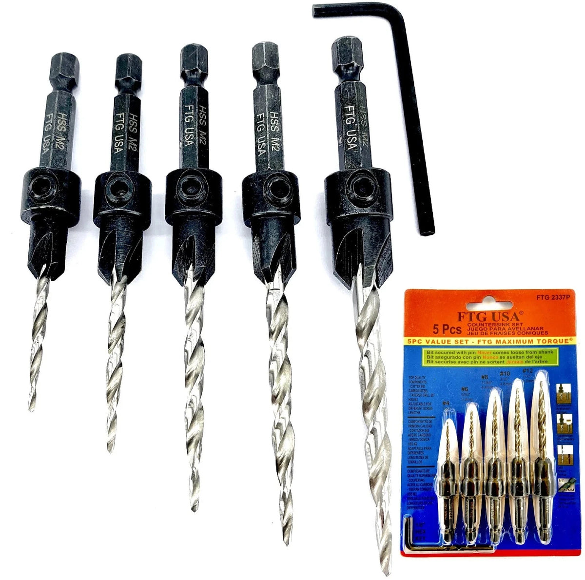 5 Pc Countersink Drill Bit Set #4 #6 #8 #10 #12 for Woodworking