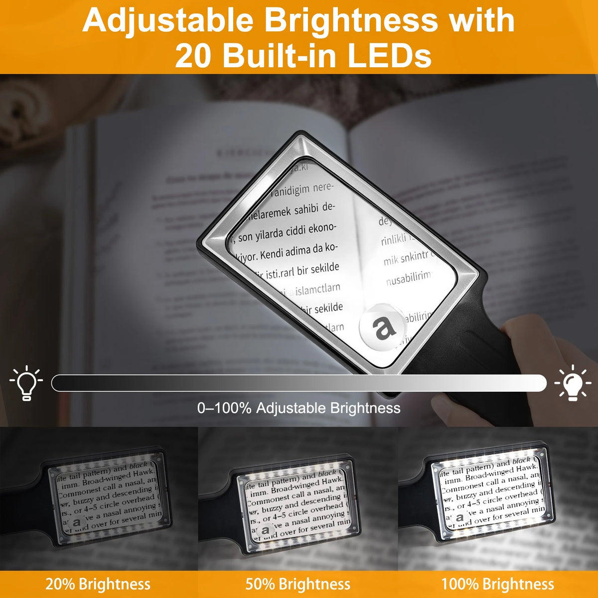 2X 8X HD Rectangle Magnifier with 20 LED for Reading Coins Stamps Crafts