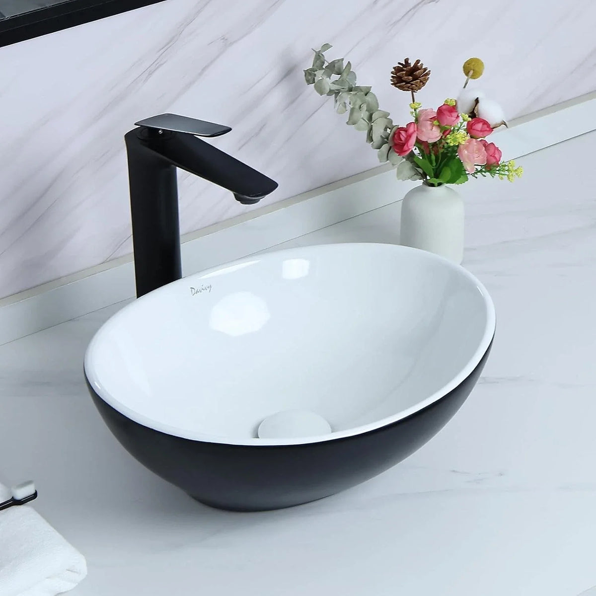 Matte Black Oval Vessel Sink with Pop Up Drain for Bathroom (15.7'' x 13.4'')