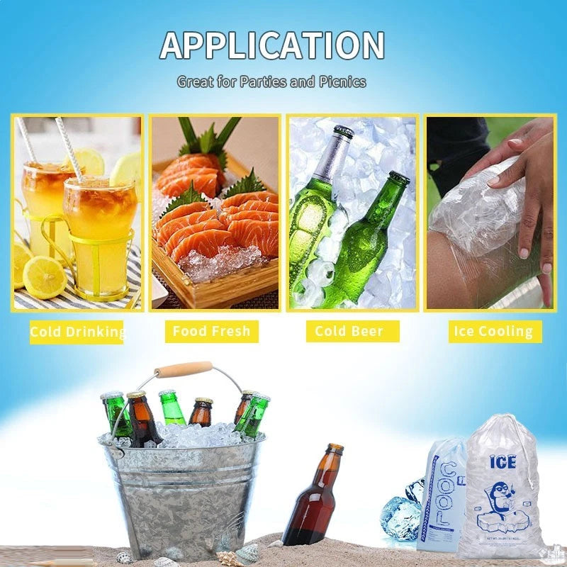 50 Count Ice Bags with Drawstring, Clear, Puncture Resistant & Heavy Duty