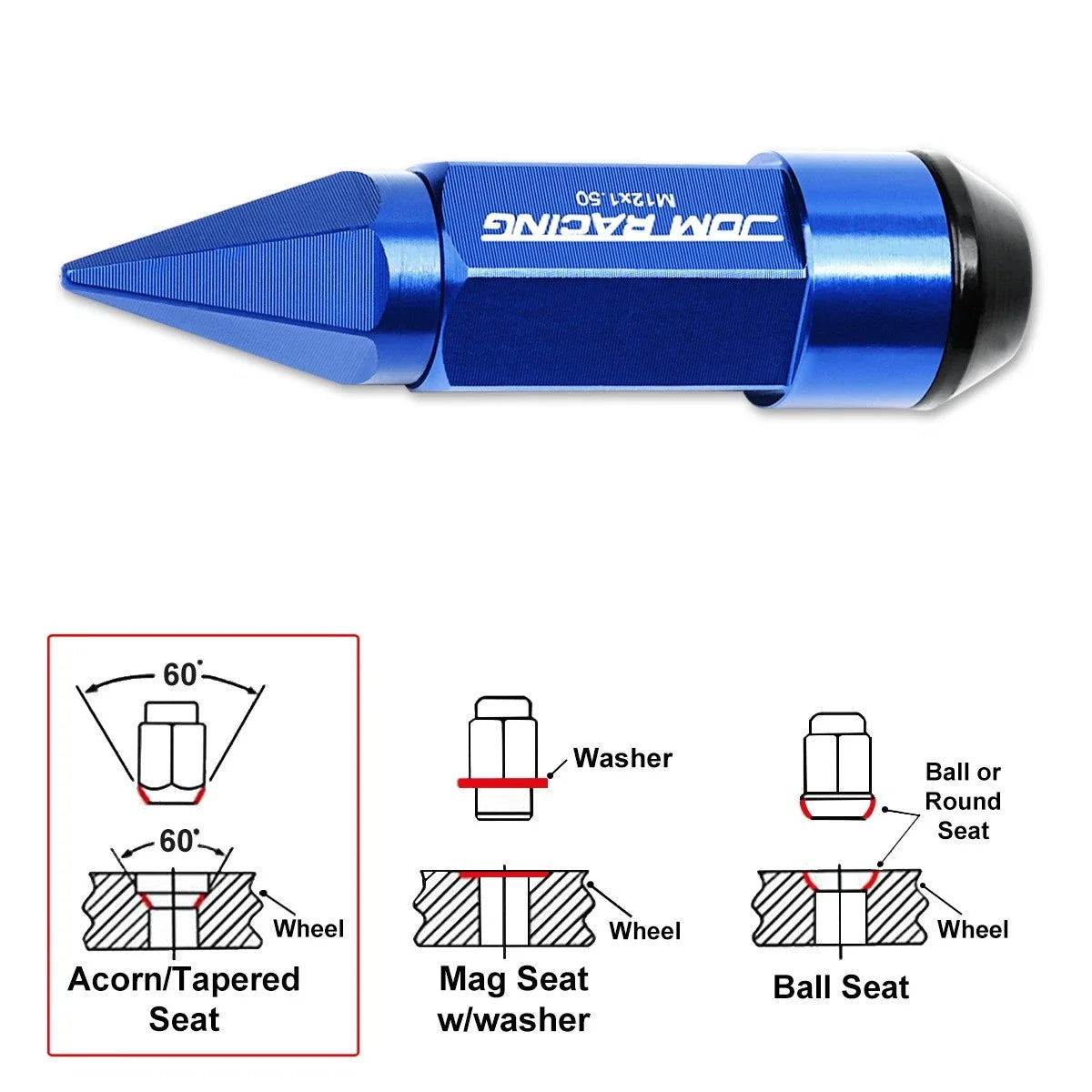 Set of 20 M12X1.5 Blue JDM Cone Spiked Cap Wheel Lug Nuts + Extension 23mmx83mm