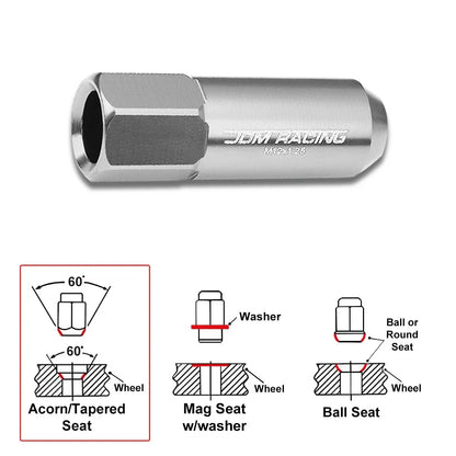 20Pc M12X1.25 Silver JDM Open-End Acorn Hex Wheel Lug Nuts + Extension 25mmx60mm