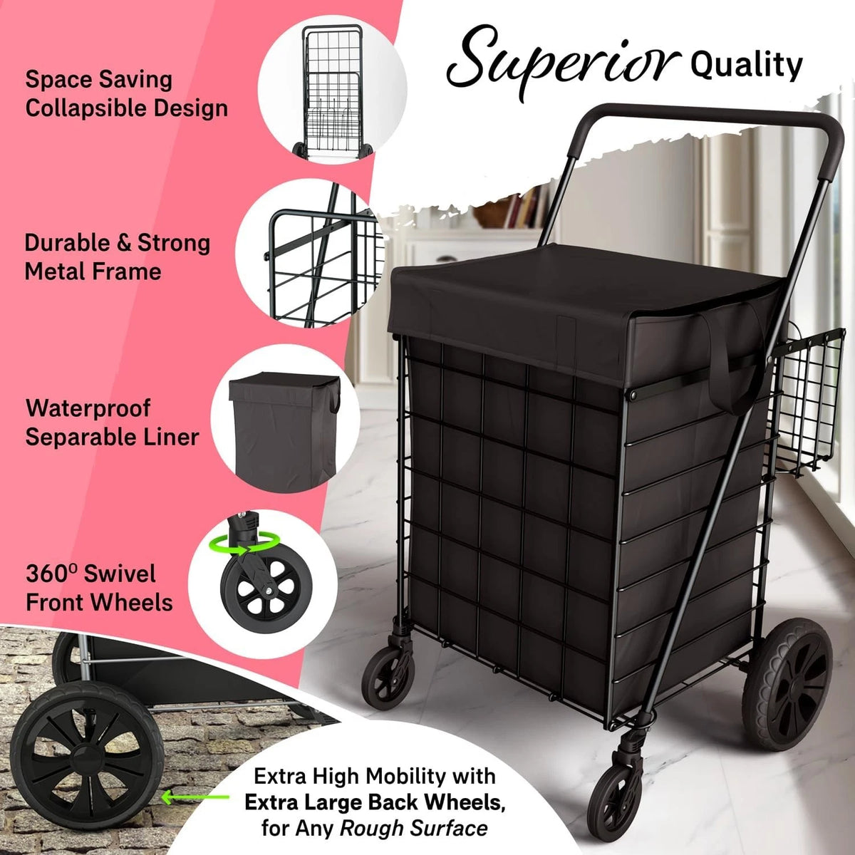 Folding Utility Shopping Cart for Double Basket