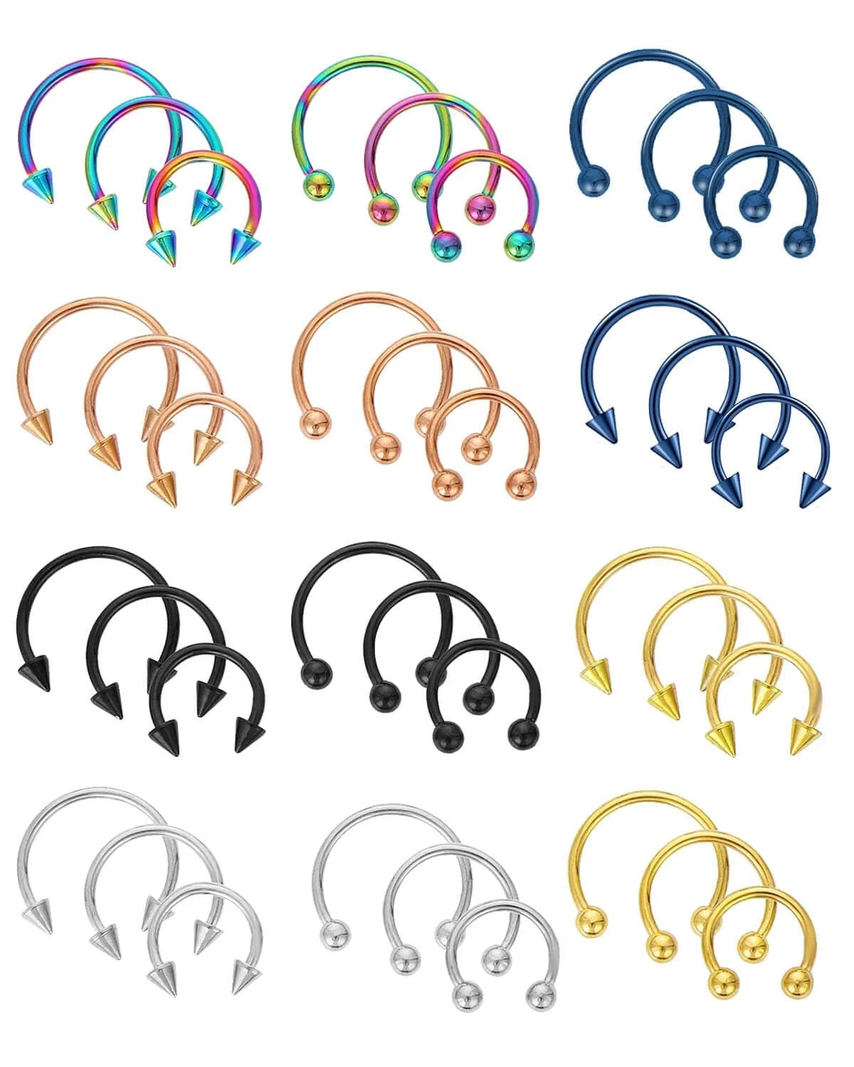 Set of 36 Septum Piercing Jewelry - 8mm, 10mm, 12mm, Gold, Silver, Black, Rainbow, Rose Gold, Blue