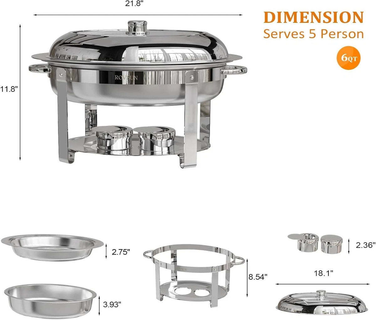 4 Pack Oval Chafing Dish 6QT Stainless Steel with Glass Lid
