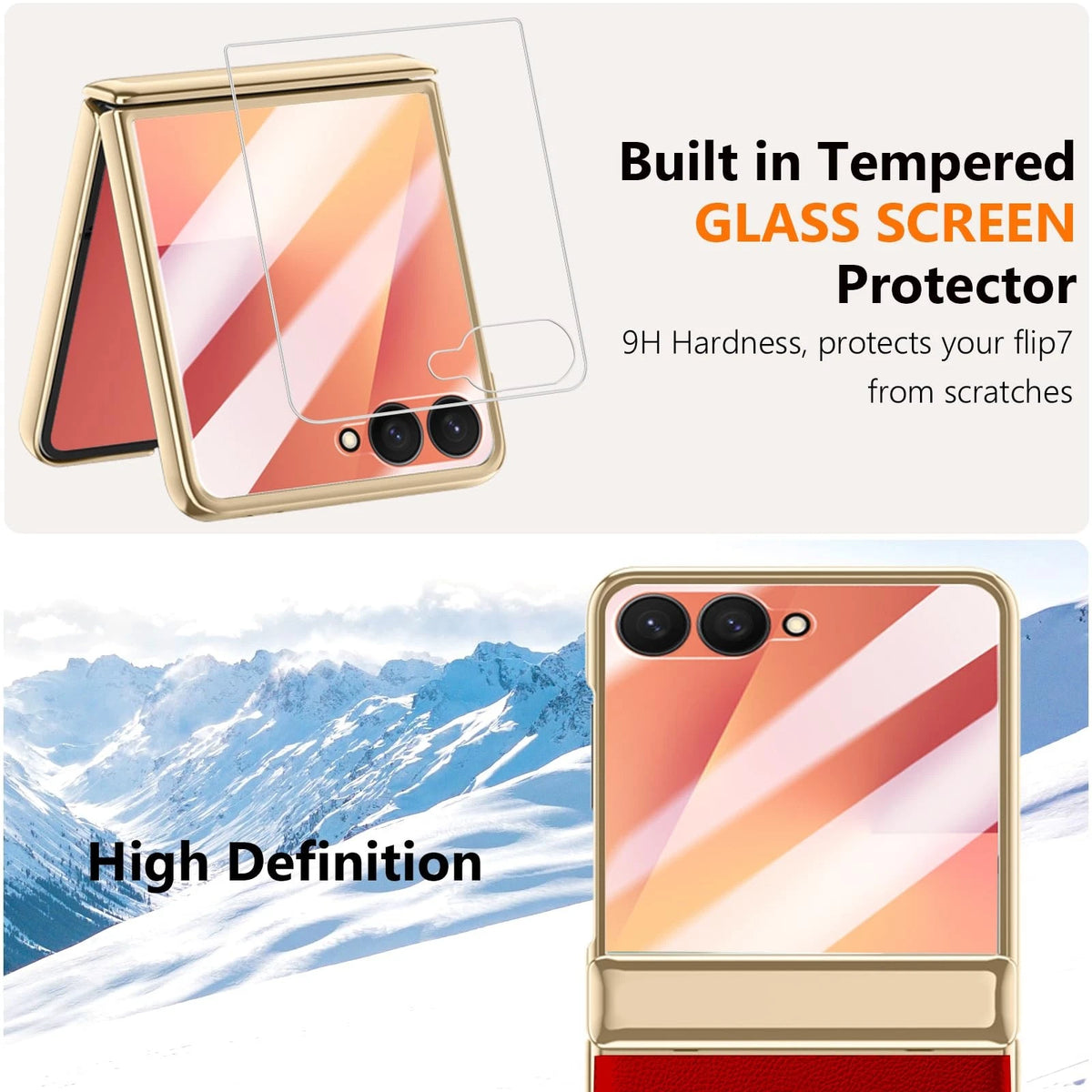 YQODSZ Leather Case for Samsung Galaxy Z Flip 7 (2025) - Gold/Red