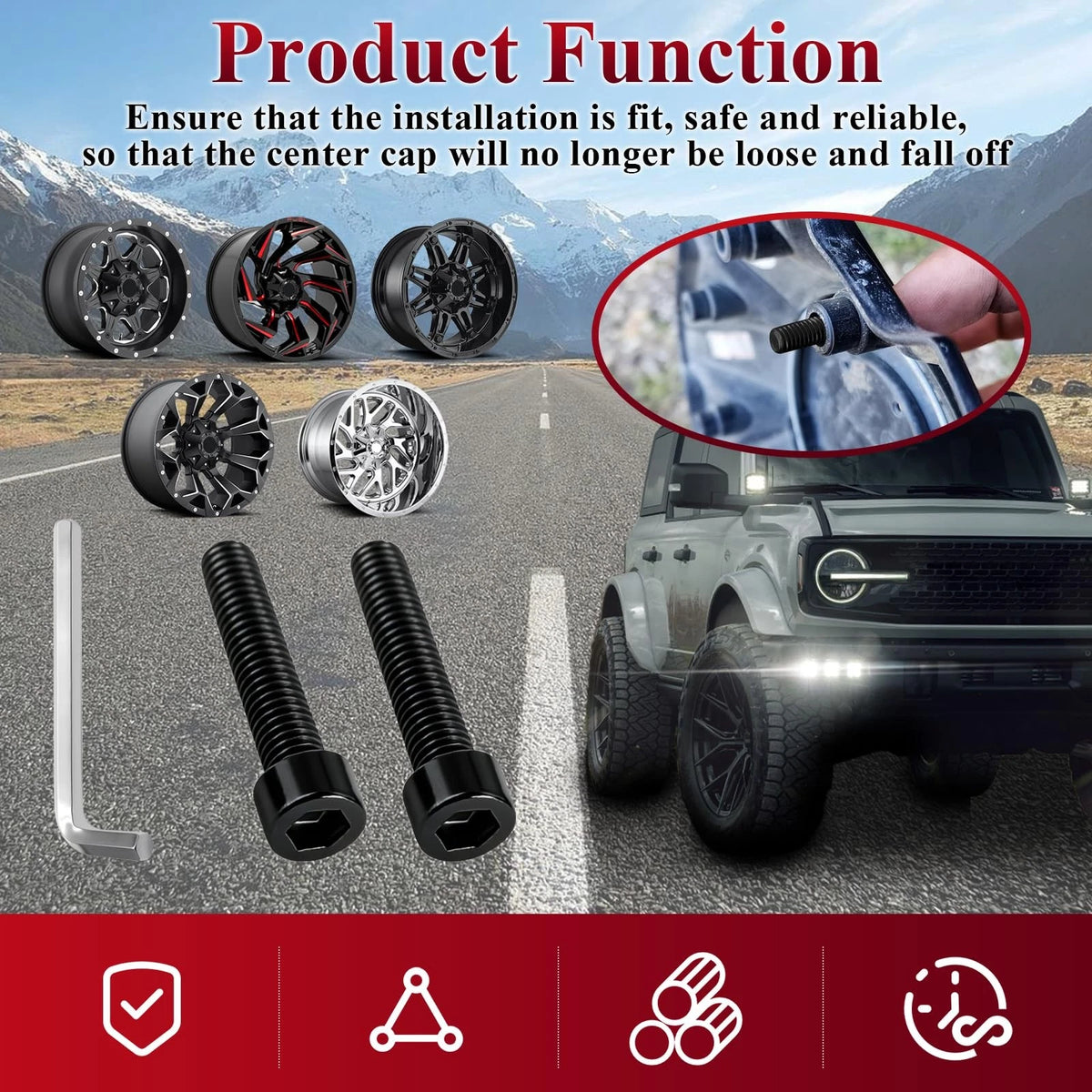 2 Pack Fuel Wheel Center Cap Screws with Adapter 1/4-20 UNC, Black
