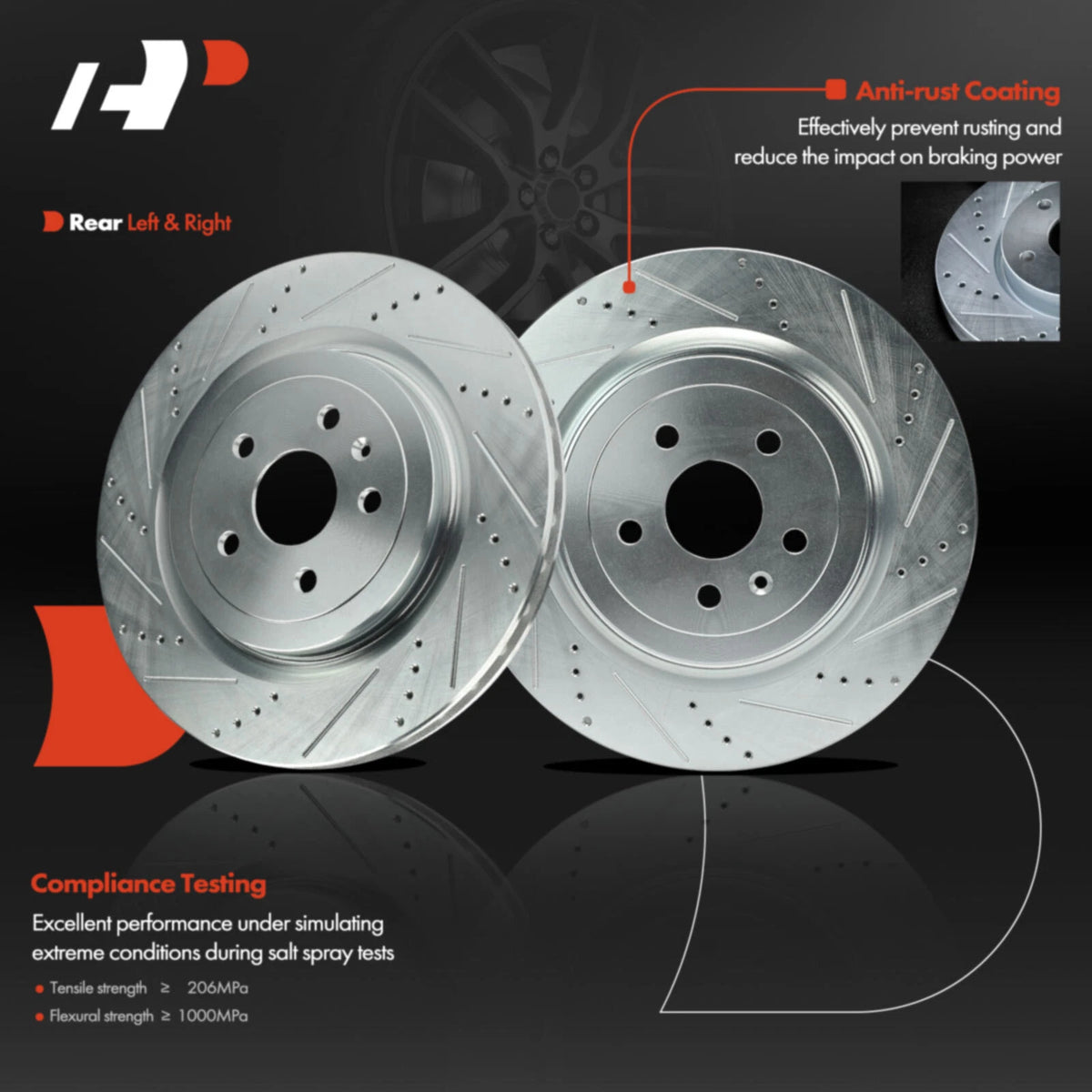 Set of 2 Drilled Brake Rotors & Pads for Chevy Camaro (2010–2015, 2017–2019) - 6PR1200717, P-1053, S-55163, 12162119