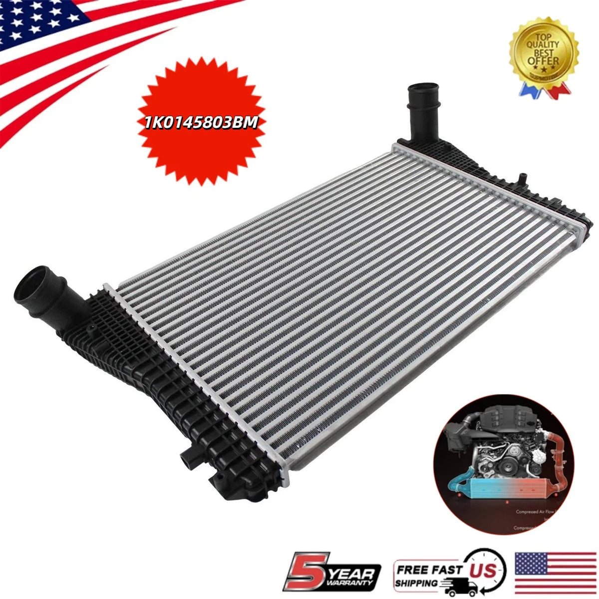 Intercooler Charge Air Cooler for VW Jetta Beetle Passat Audi (2006–2016) 1K0145803BM, 1K0145803CA, 1K0145803CC