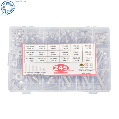 Set of 245 Hex Screws Flanged Bolts Nuts Kit for Metric M6 M8 M10