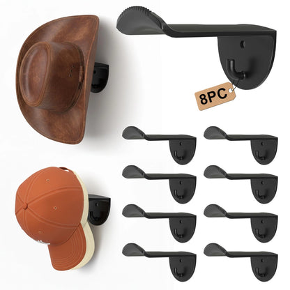 8 Pack Adhesive Hat Hooks for Wall - Cowboy Rack Black