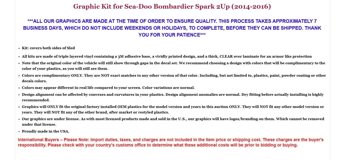 Graphic Stickers Decals for Sea-Doo Bombardier Spark 2UP (2014–2016)