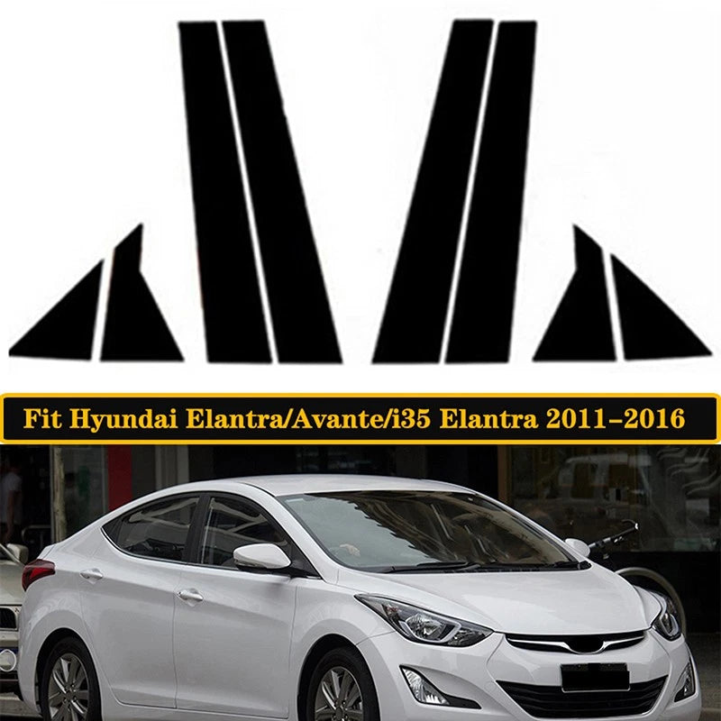 8x Glossy Black Pillar Post Stickers for Hyundai Elantra (2011–2016)