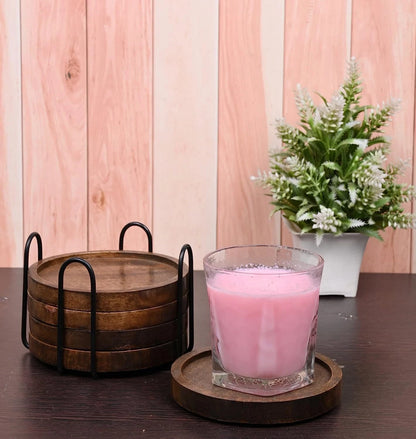 Set of 5 Mango Wood Coasters with Iron Holder for Countertop
