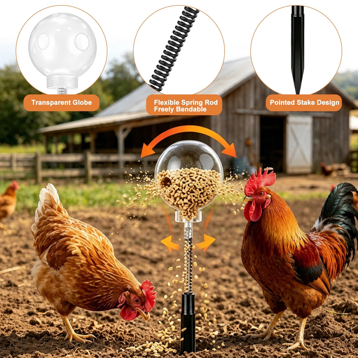 4Pcs Chicken Treat Dispenser Combo Hanging Balls & Spring Stake Feeders