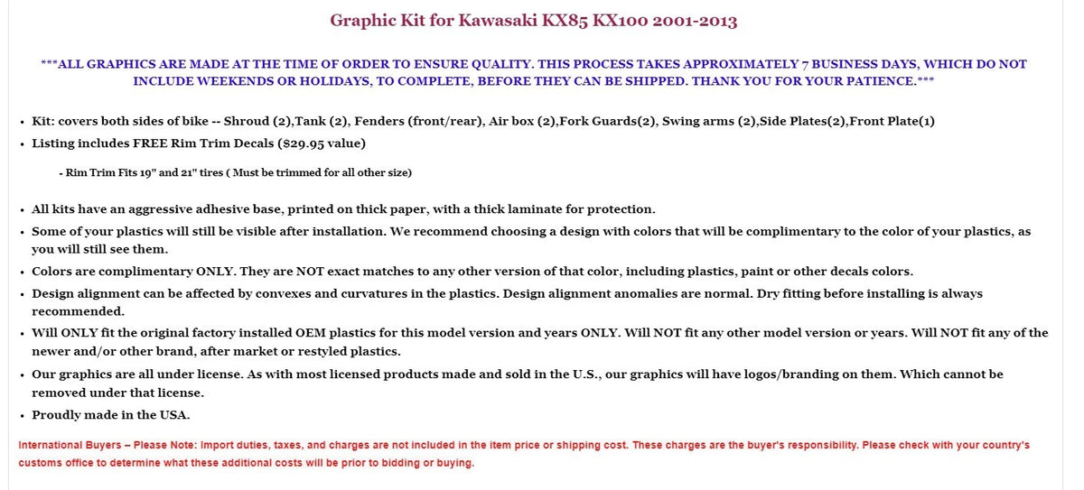 MX Graphics Decals + Plates Decal for Kawasaki KX85 KX100 (2001–2013)