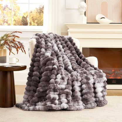 Faux Fur Throw Blanket for Couch, Cozy Plush Striped Blanket for Sofa