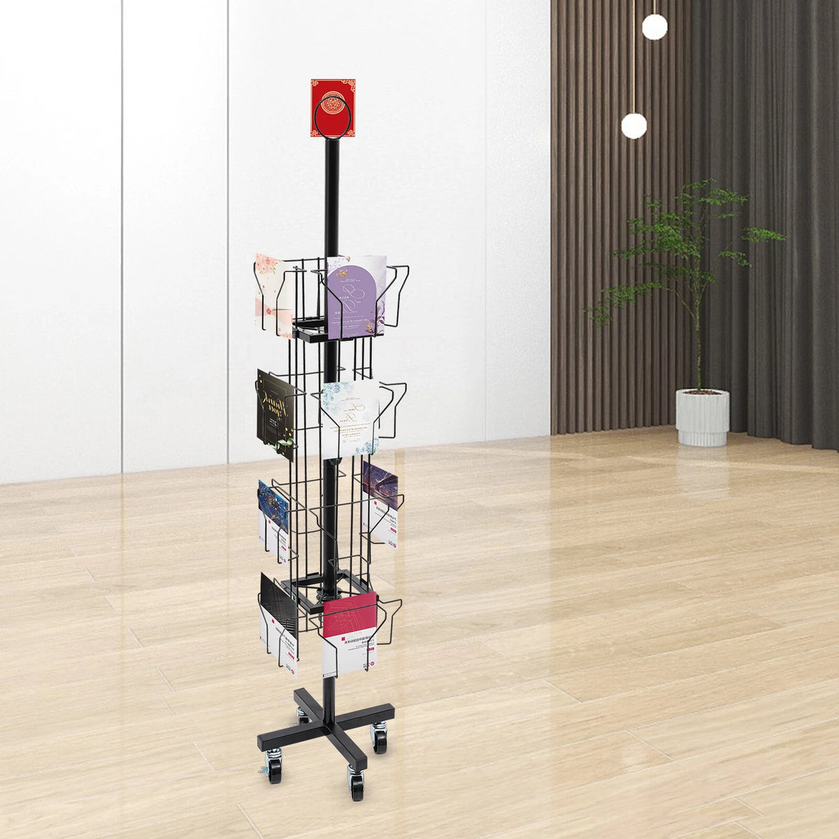 4-Tier Rotating Greeting Card Rack 16 Pocket Retail Display - Black