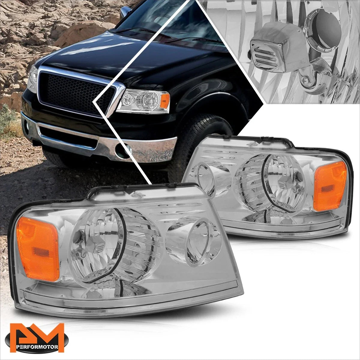 OE Style Headlight Set for Ford F150/Lincoln Mark LT (2004–2008) Chrome Amber