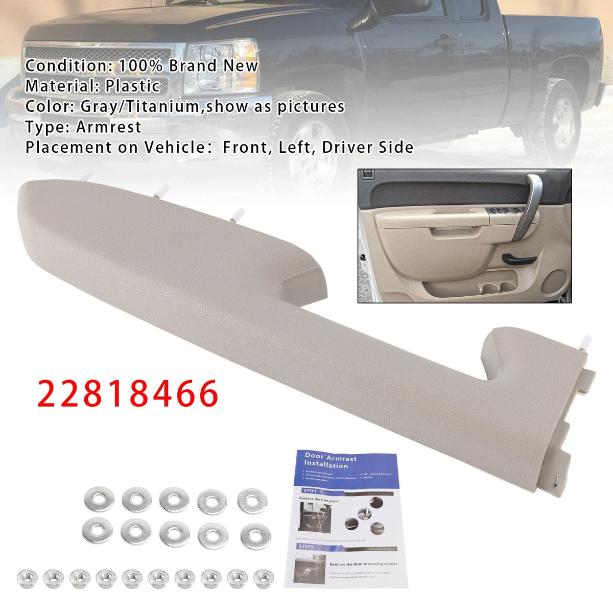 Driver Side Armrest for Chevy Silverado GMC Sierra (2010–2014) 22818466