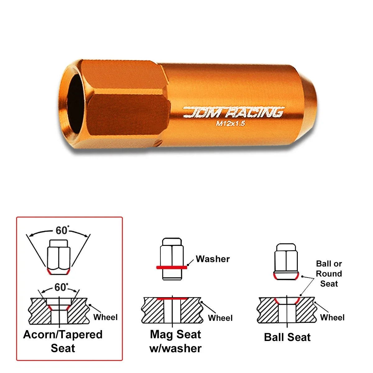 20Pc M12X1.5 Orange JDM Open-End Acorn Hex Wheel Lug Nuts + Extension 25mm