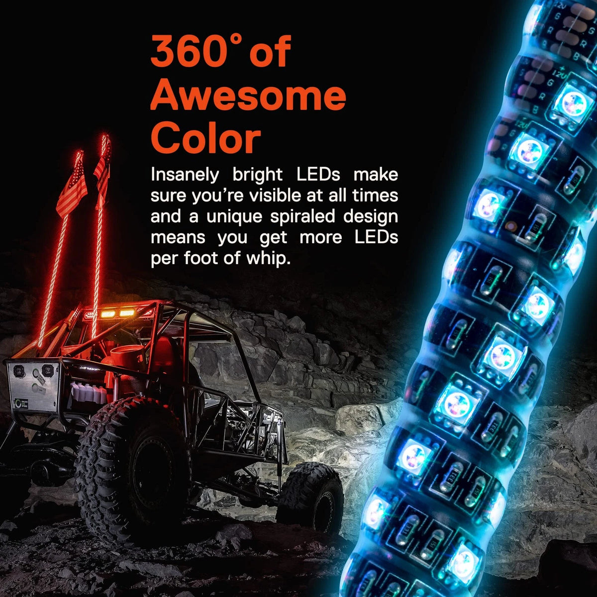2ft RGB LED Whip Light for UTV ATV (Waterproof, Remote, USA Flag Antenna)