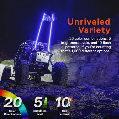 2ft RGB LED Whip Light for UTV ATV (Waterproof, Remote, USA Flag Antenna)