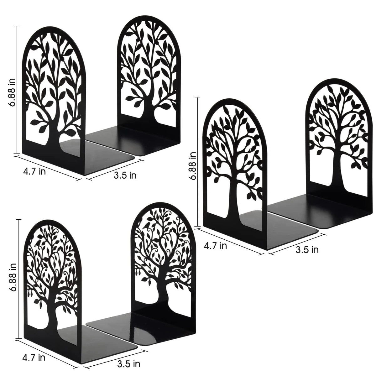 Set of 3 Metal Bookends for Shelves - Decorative Black Finish