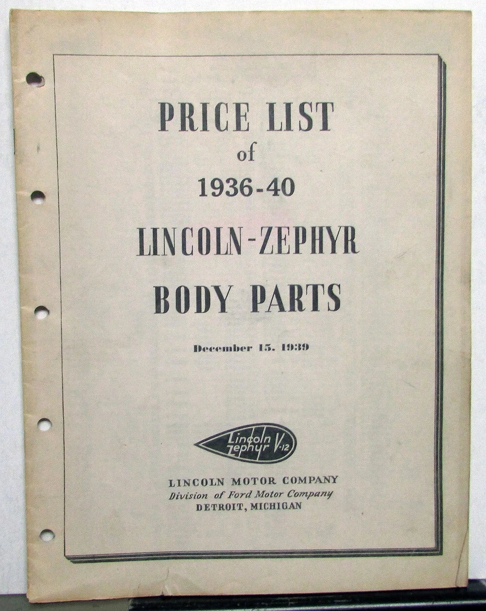 Price List Book for Lincoln Zephyr Sedan Coupe (1936–1940)