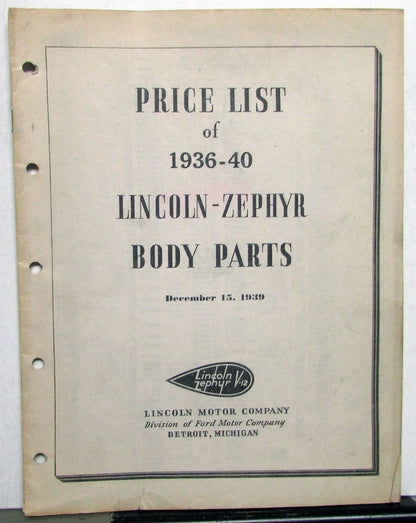Price List Book for Lincoln Zephyr Sedan Coupe (1936–1940)