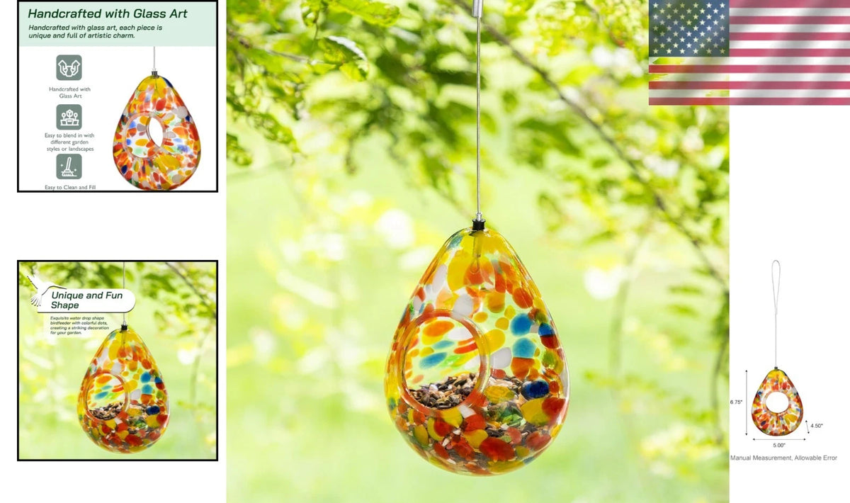 6.75" Water Drop Glass Bird Feeder with Orange Dots for Gardens