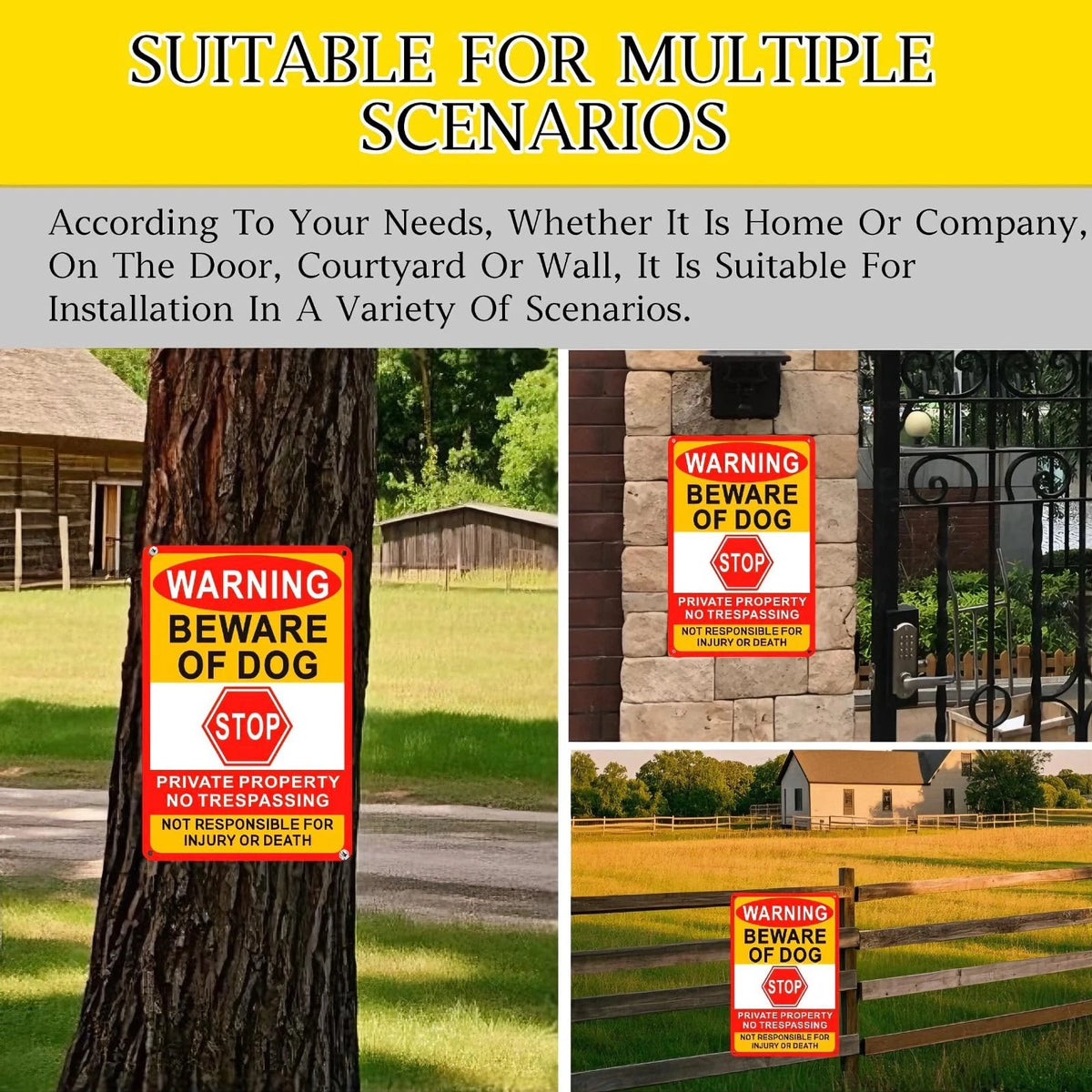 3X Beware of Dog Sign for Fence Private Property No Trespassing (12x8 in)