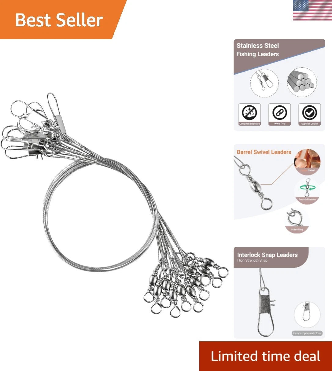 40pcs Swivel Fishing Leaders for Coral, Silver (Wrap Edge)