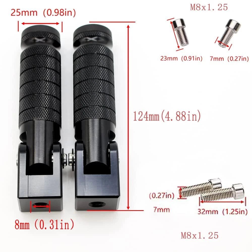 Folding Motorcycle Foot Pegs 90° for Electric Bikes Rearsets M8 Bolts