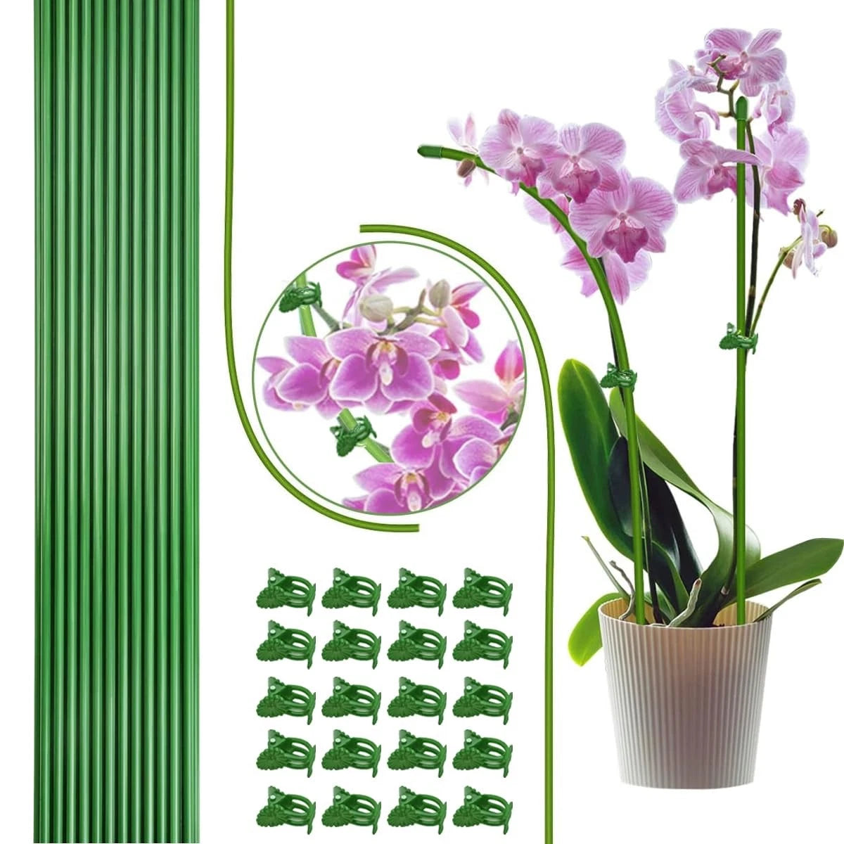 22 Pcs Plant Stakes with Clips, 15.8 Inches Bendable Green