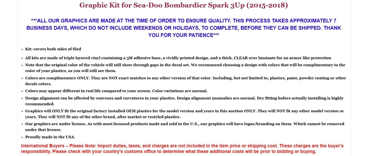 Graphic Stickers Decals for Sea-Doo Bombardier Spark 3 UP (2015–2018)