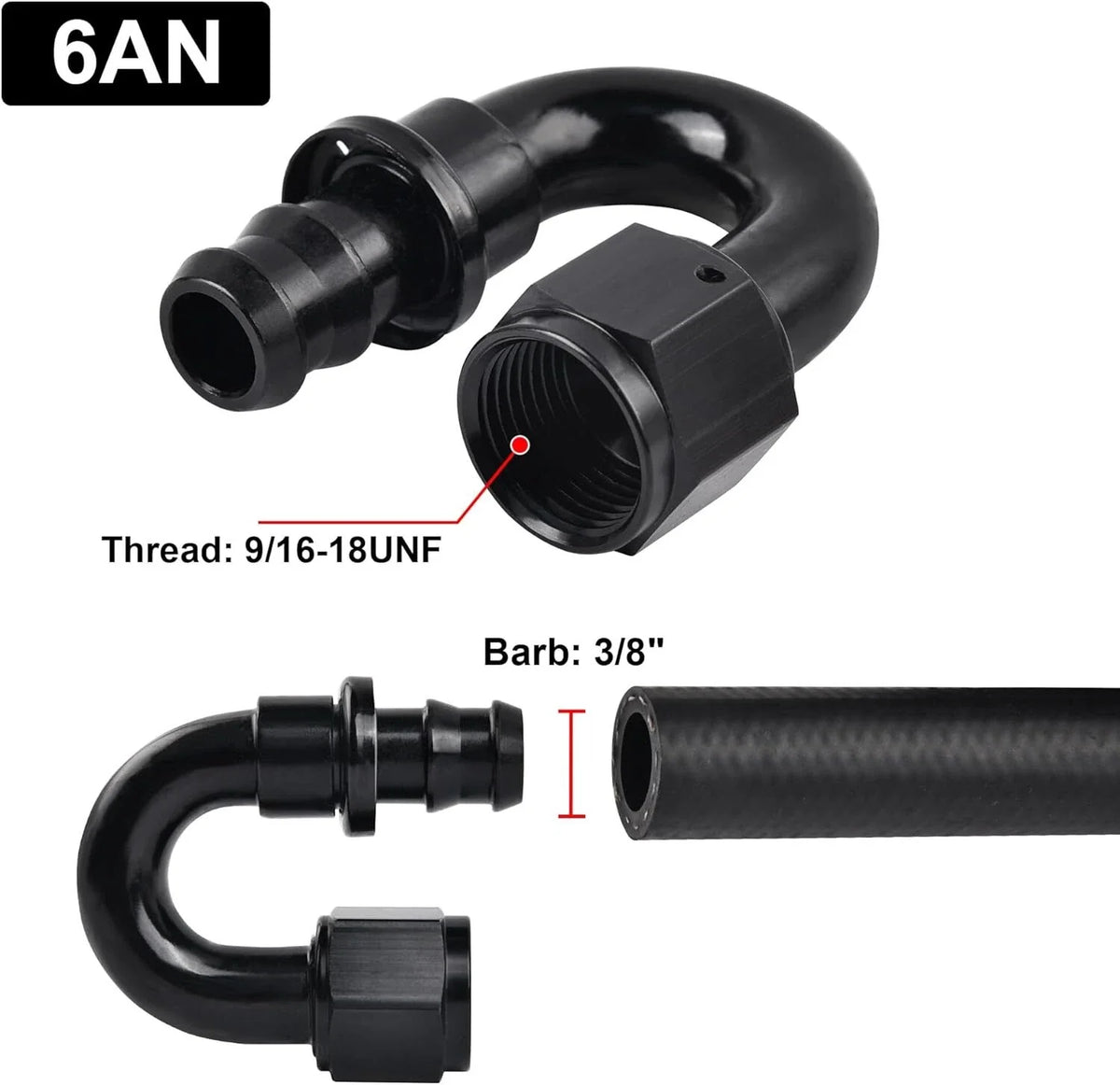 2PCS Push-On Lock Hose Fitting 180° for Oil/Fuel/Gas Line (6AN) (AN6)