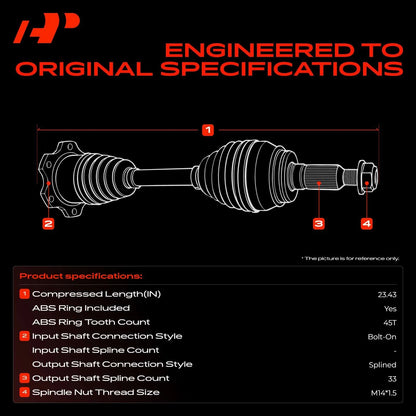 Rear CV Axle Assembly for Audi A4 Quattro 1996–2001, 90 Quattro 1993–1995, 8A0501203E, 8A0501203J, 8A0501203JX, 66-7070