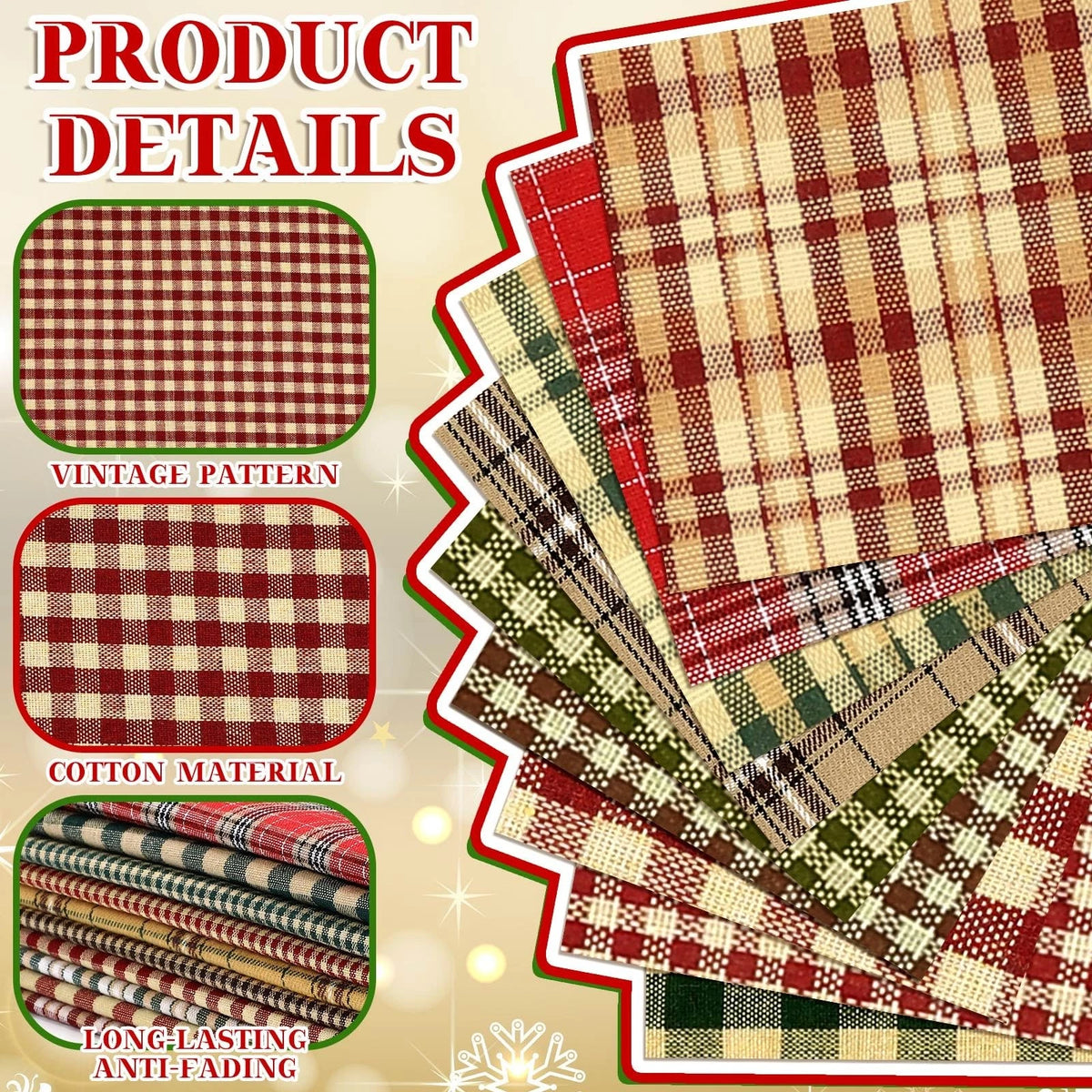 60 Pcs Vintage Plaid 10 x 10 Inch Fabric Squares for Crafting