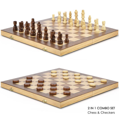 15'' Magnetic Wooden Chess & Checkers Game Set - 2 Extra Queens