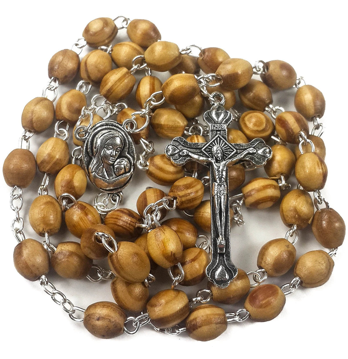 Olive Wood Beads Rosary Necklace with Metal Cross Gift Bag